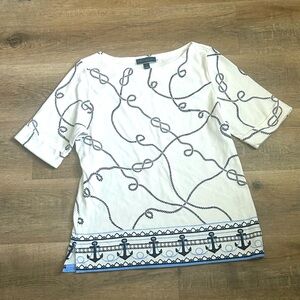 Karen Scott Women's Nautical Anchor-Print Elbow-Sleeve Top White & Blue Size L